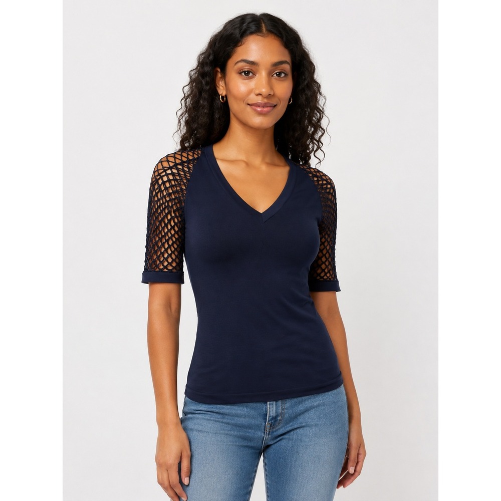 Venus V-Neck Top Womens Small Navy Blue Nylon Spandex Fishnet Mesh Sleeve Top